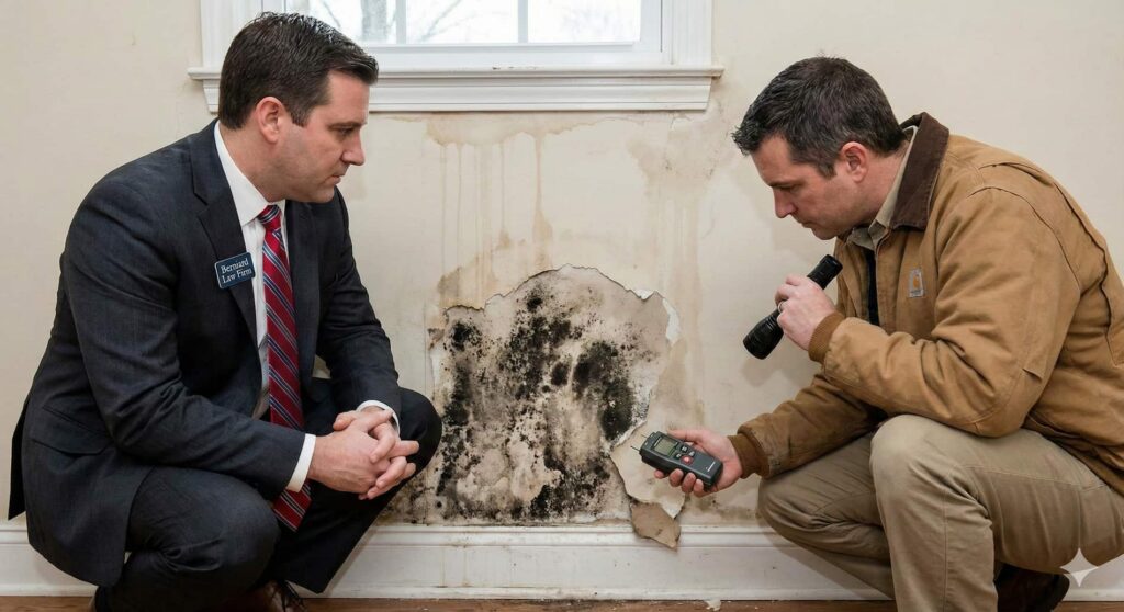 A Berniard Law Firm attorney and a home inspector examining severe black mold damage on a wall caused by water intrusion.